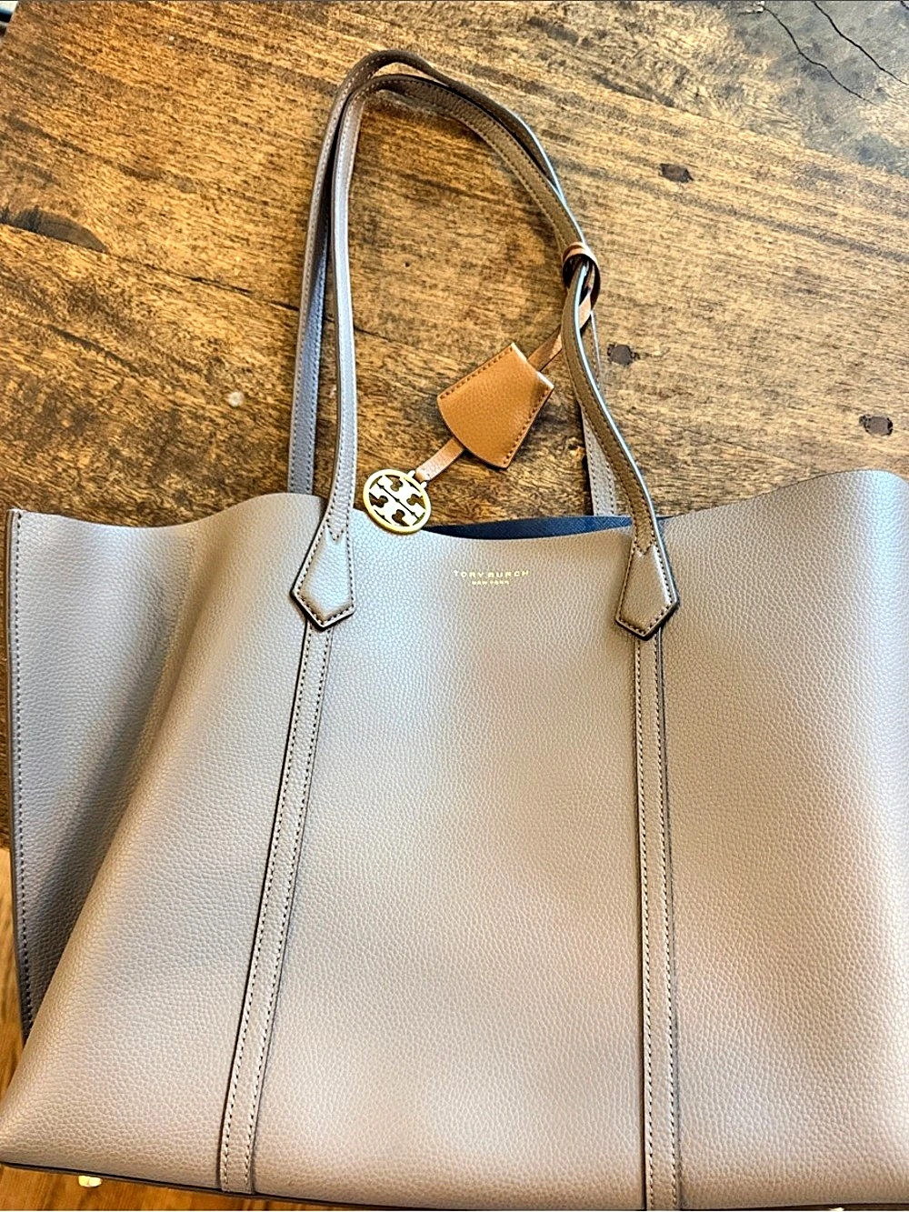 Tory Burch Perry Triple-Compartment Tote Leather Gray & Brown
